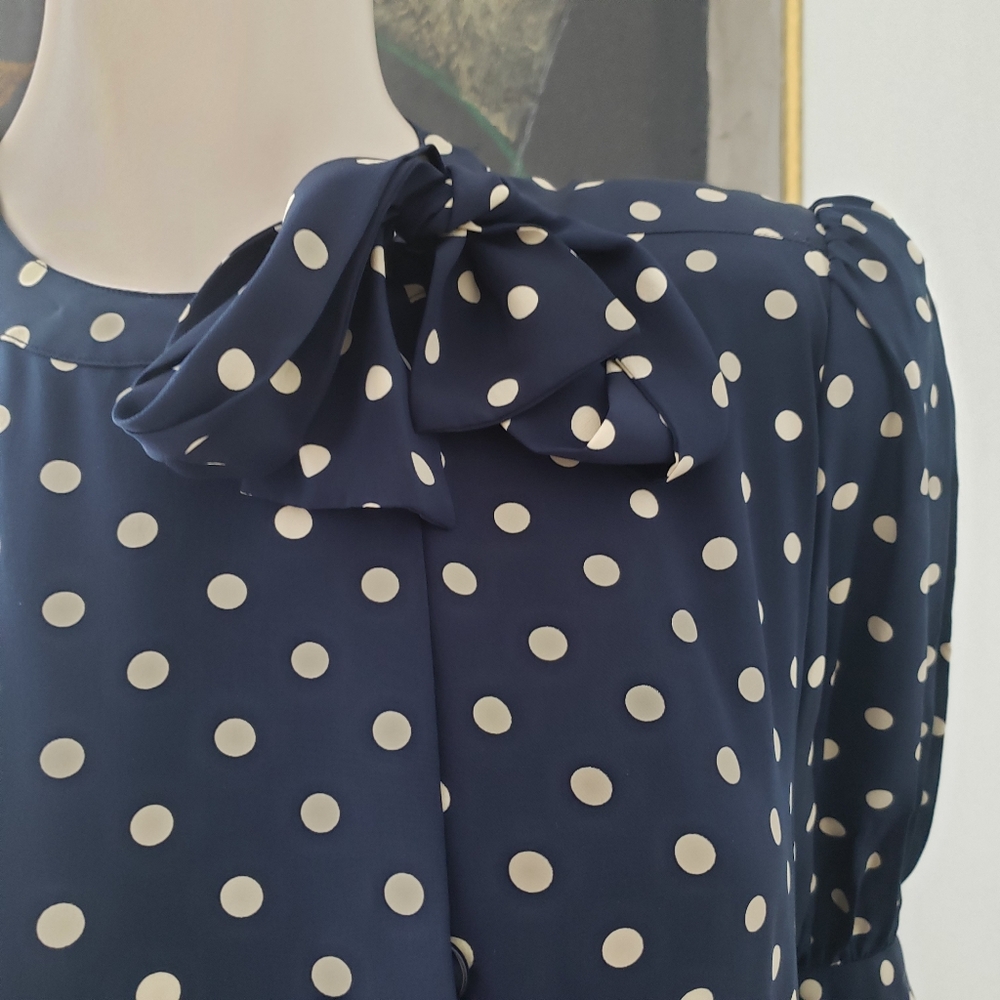 Albert Nipon | Silk Polka Dot Dress with Tie and Pleated Detail - Picture 6 of 16